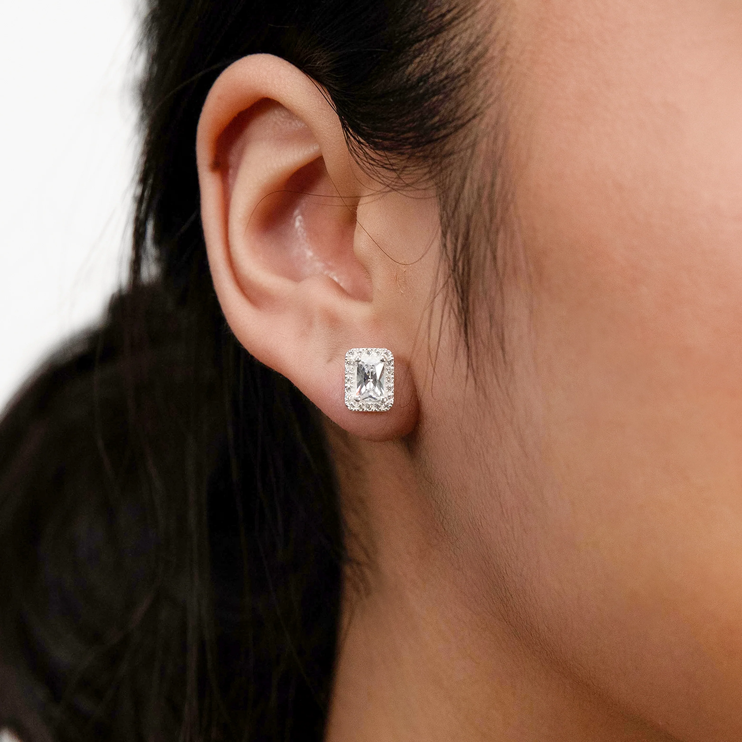 Sterling Silver Cubic Zirconia Square Halo Stud Earrings - Image 2