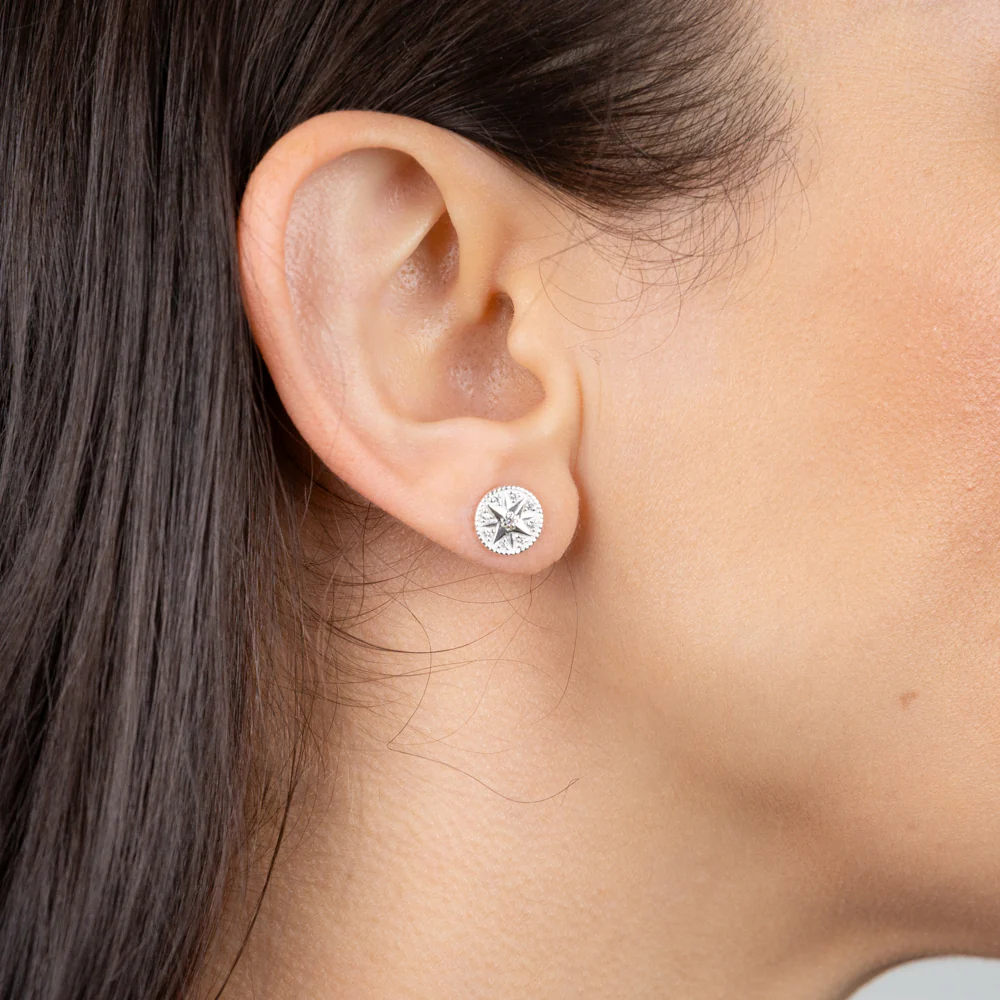 Sterling Silver Cubic Zirconia Star On Round Stud Earrings - Image 2