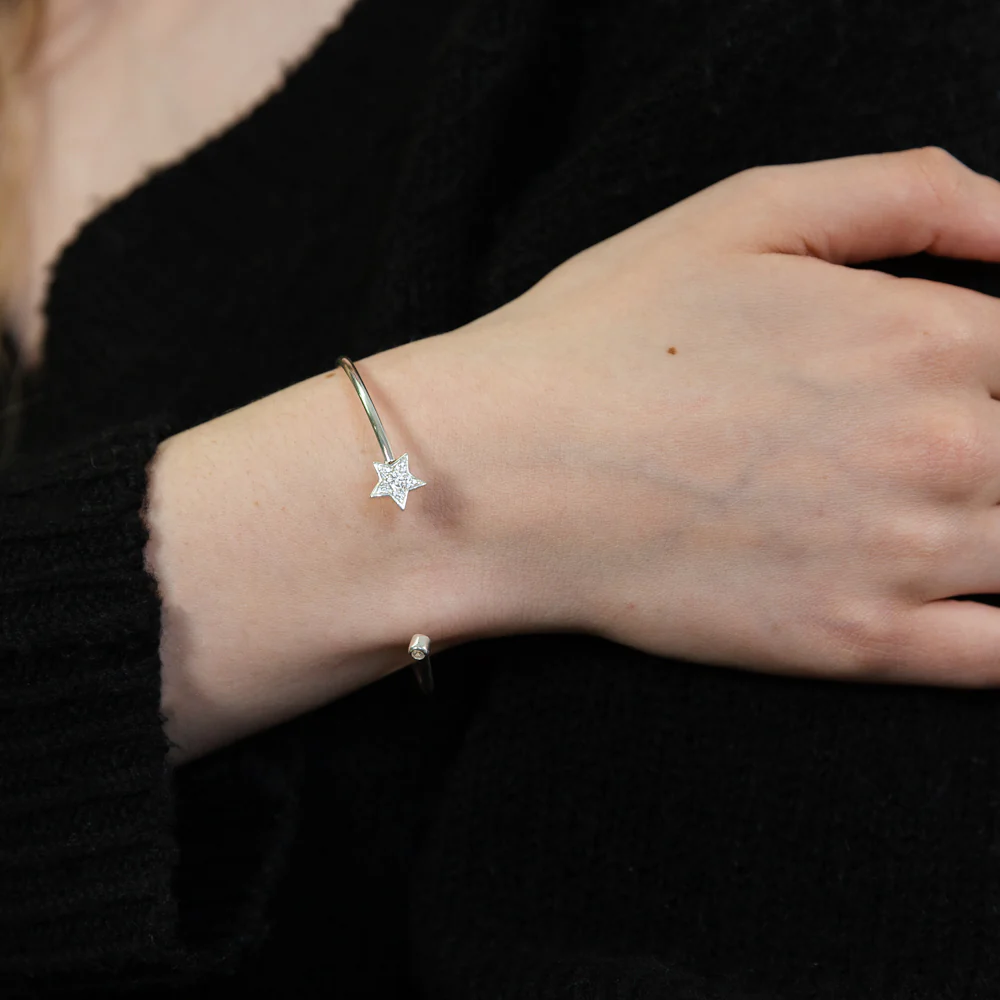 Sterling Silver Cubic Zirconia Star Open Adjustable Bangle - Image 2