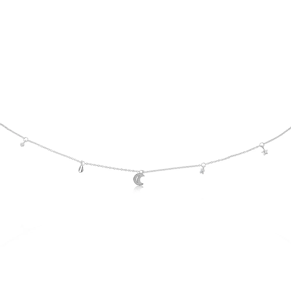 Sterling Silver Cubic Zirconia Stars And Moon Charms On 45cm Chain - Image 2