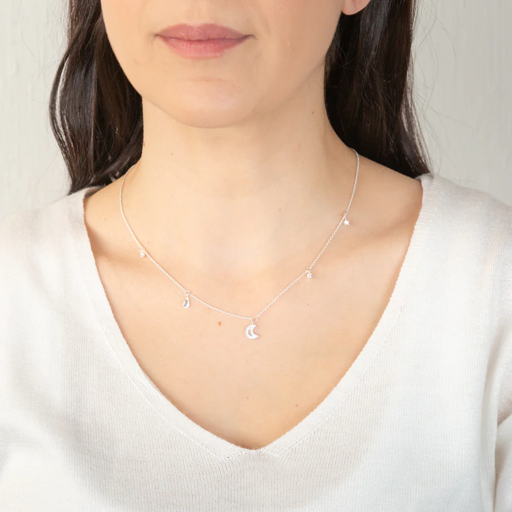 Sterling Silver Cubic Zirconia Stars And Moon Charms On 45cm Chain - Image 3