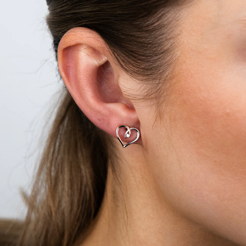 Sterling Silver Cubic Zirconia Two Tone Fancy Open Heart Stud Earrings - Image 2