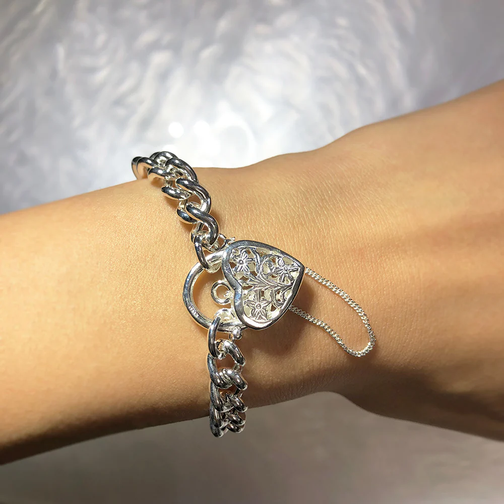 Sterling Silver Curb Filigree Heart Bracelet - Image 2