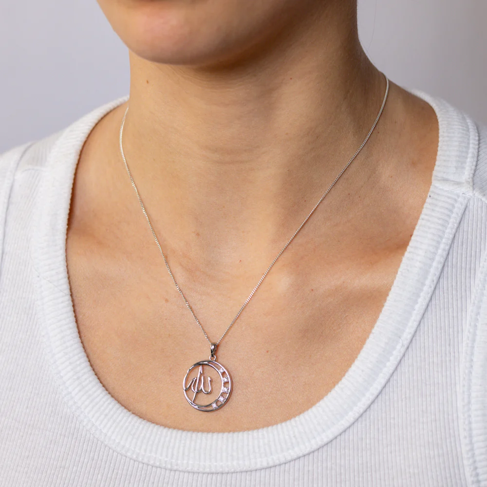 Sterling Silver CZ Crescent Moon Allah Pendant - Image 2