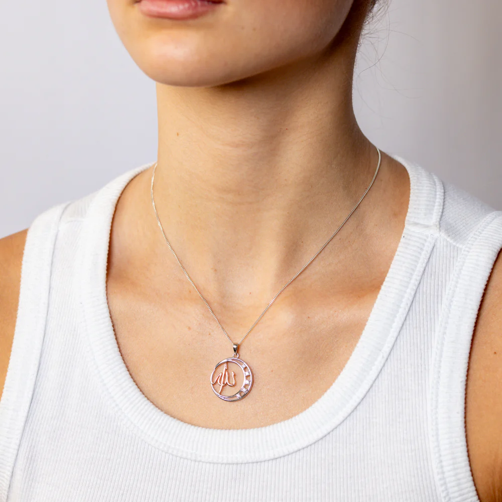 Sterling Silver CZ Crescent Moon with Rose Gold Plated Allah Pendant - Image 2