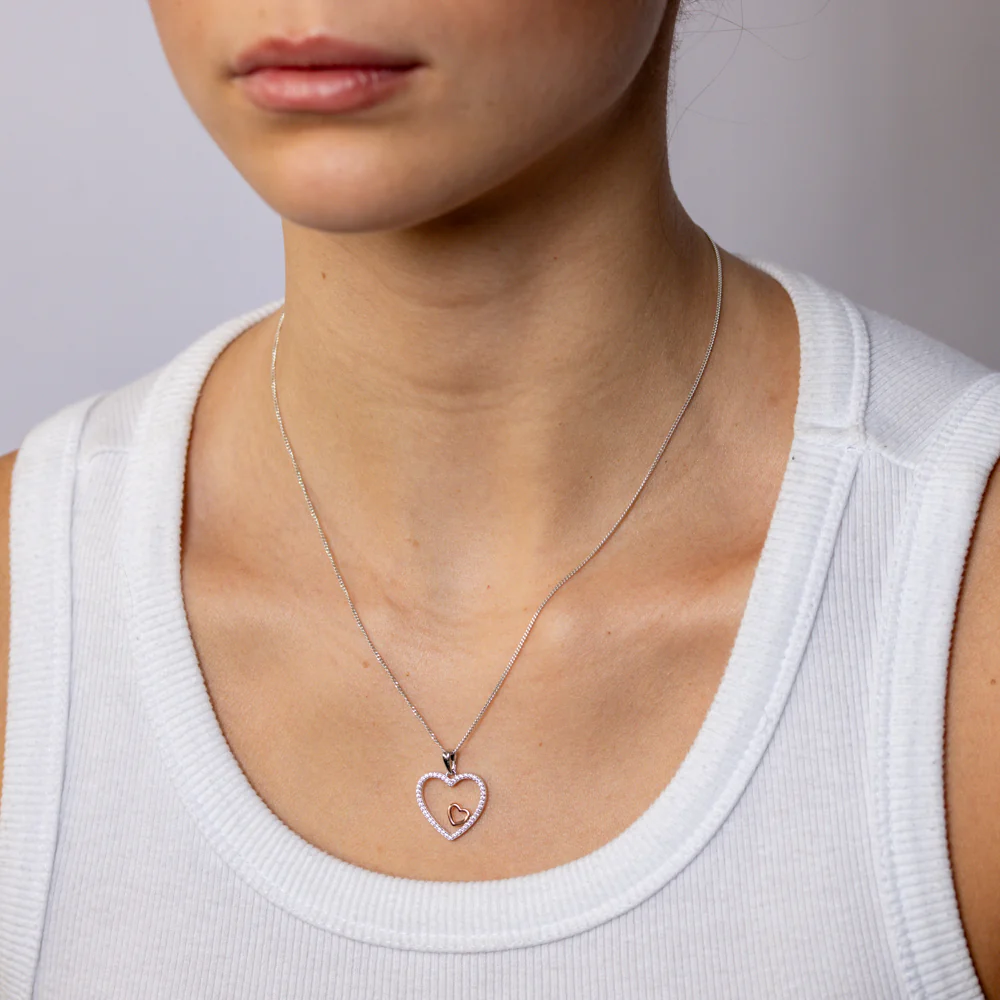 Sterling Silver CZ Double Heart Pendant with Rose Gold Accent - Image 2