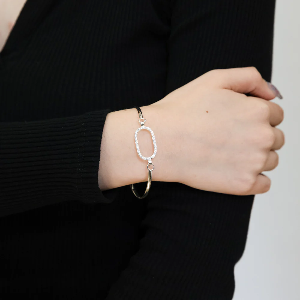 Sterling Silver CZ On Open Rectangle Bangle - Image 2