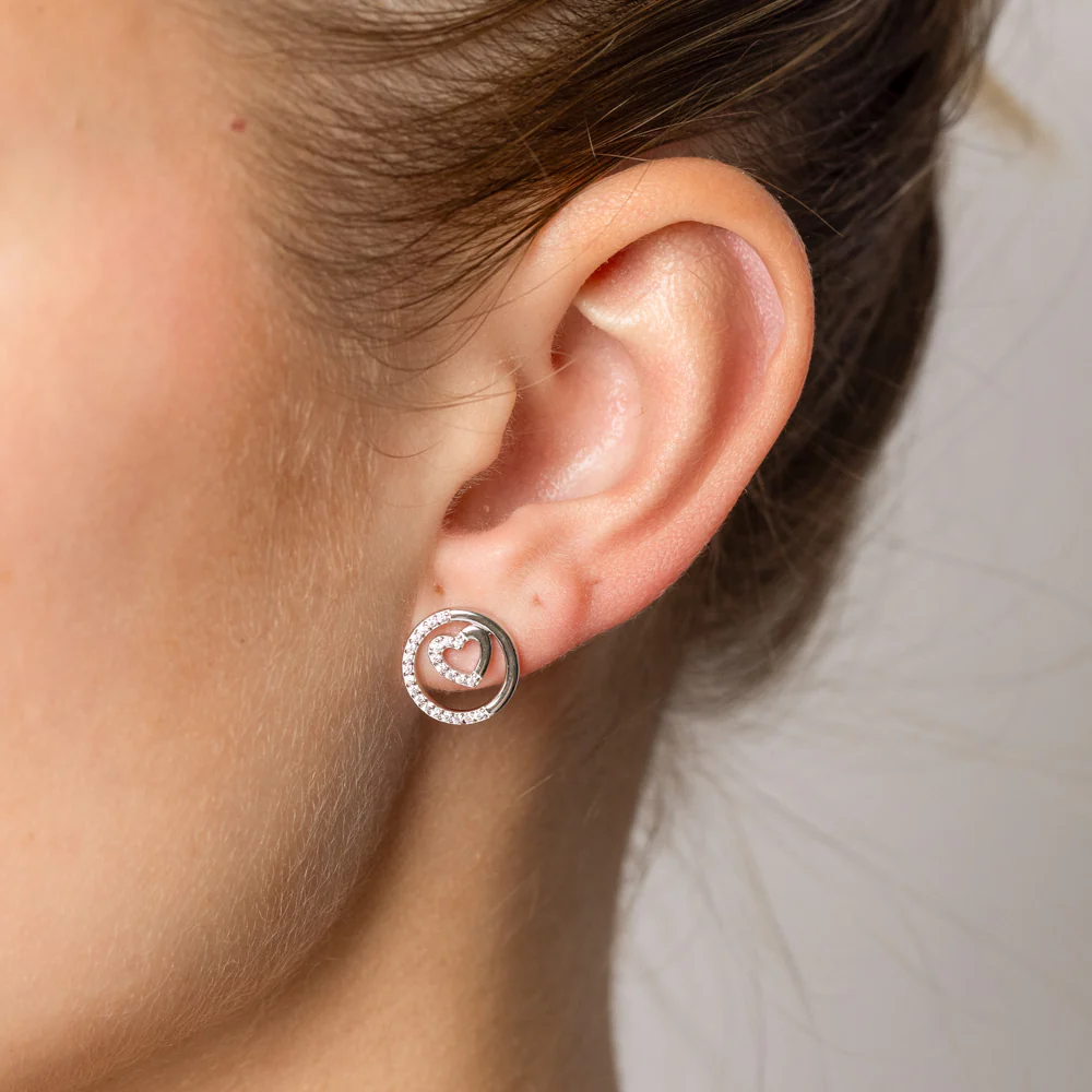 Sterling Silver CZ Round and Heart Stud Earrings - Image 2