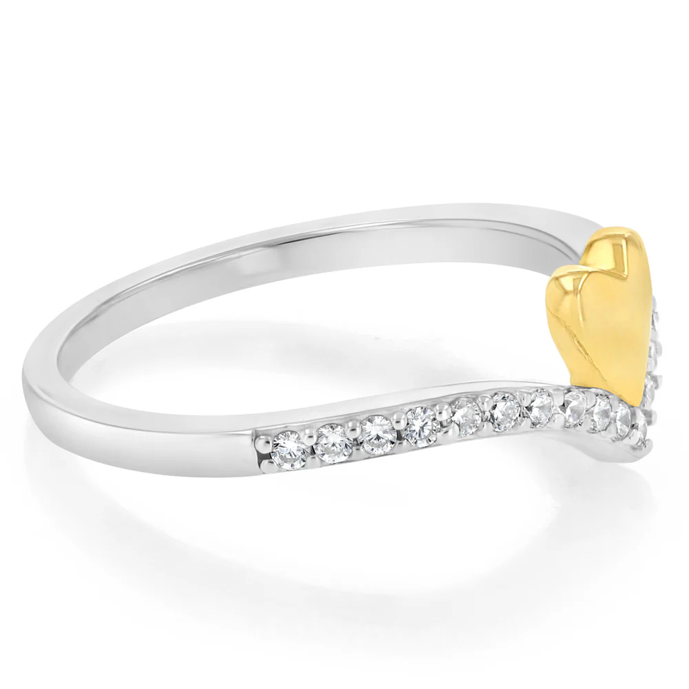 Sterling Silver CZ V-Shaped Ring with Gold Plated Heart - Image 2