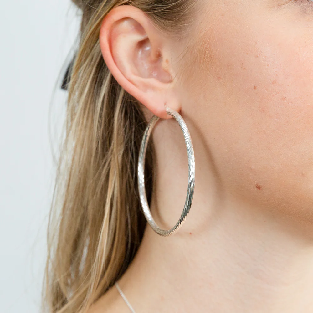 Sterling Silver Diamond Cut 60mm Hoop Earrings - Image 2