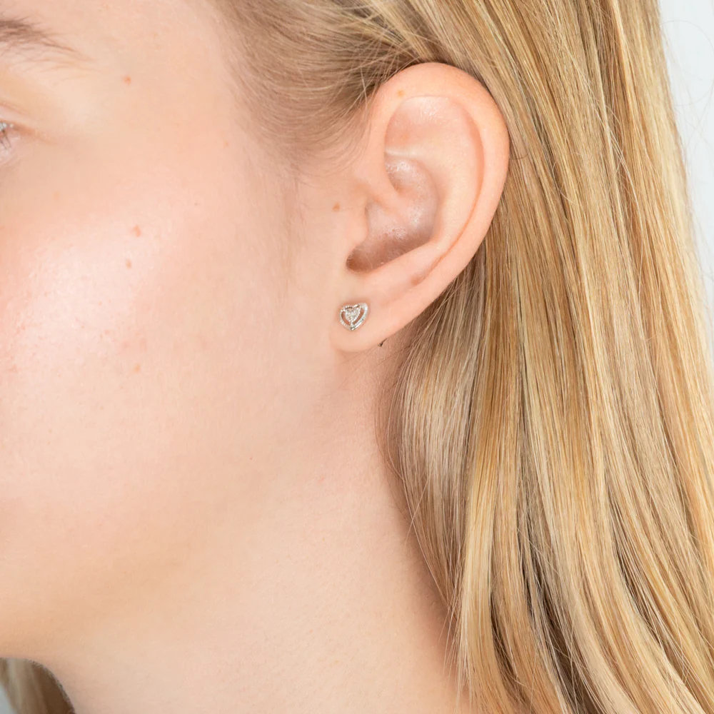 Sterling Silver Diamond Heart Stud Earrings - Image 2