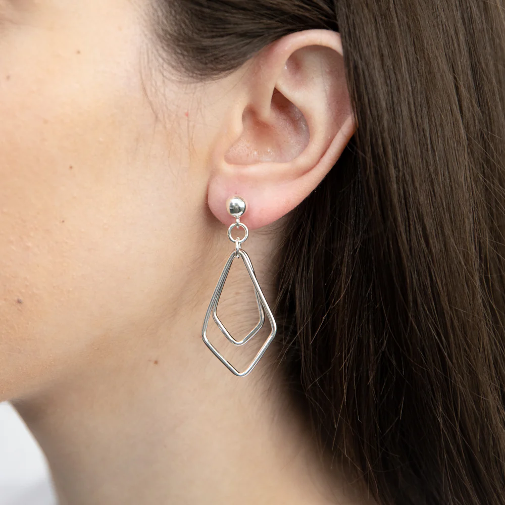 Sterling Silver Diamond Shape Abstract Drop Earrings - Image 2