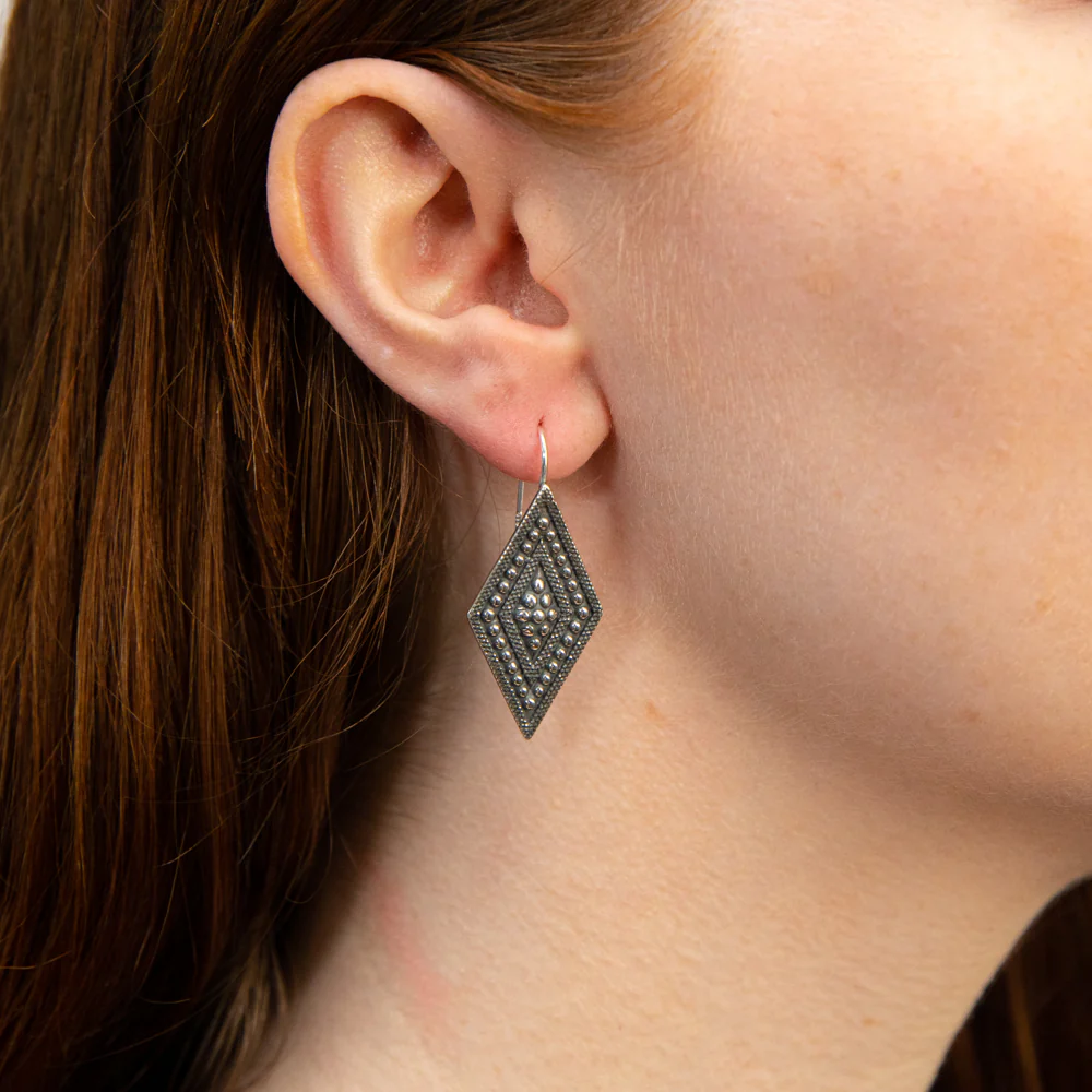 Sterling Silver Diamond Shape Antique Drop Hook Earrings - Image 2