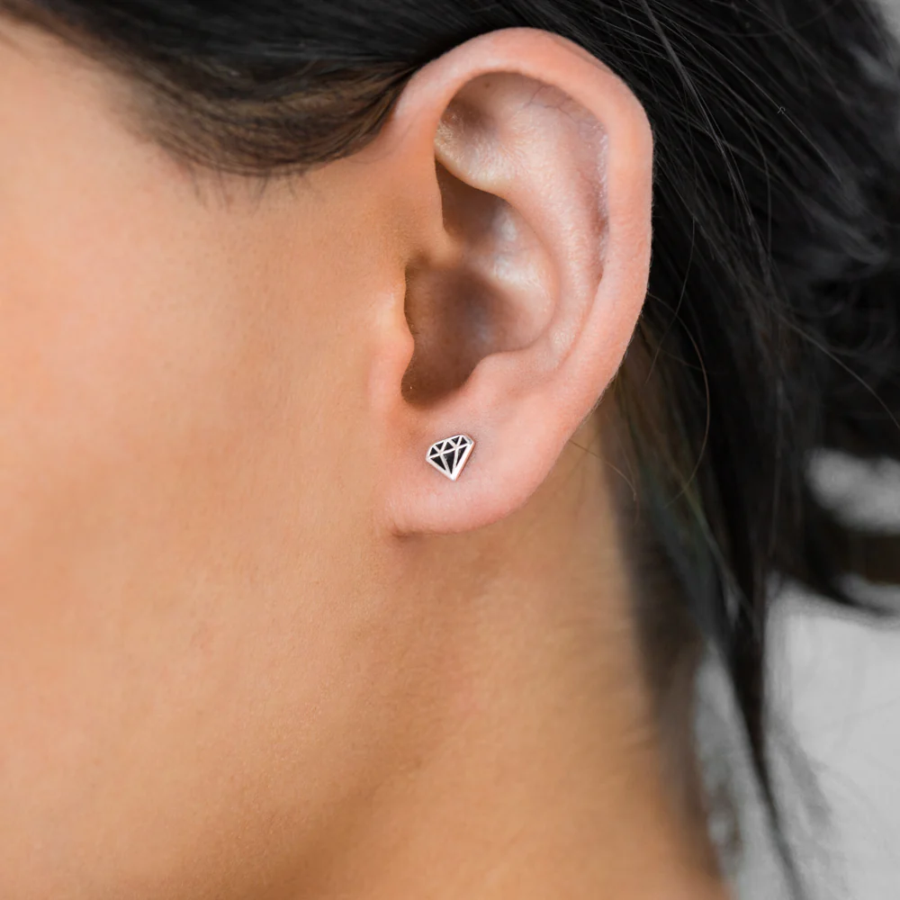 Sterling Silver Diamond Shaped Black Enamel Stud Earrings - Image 2