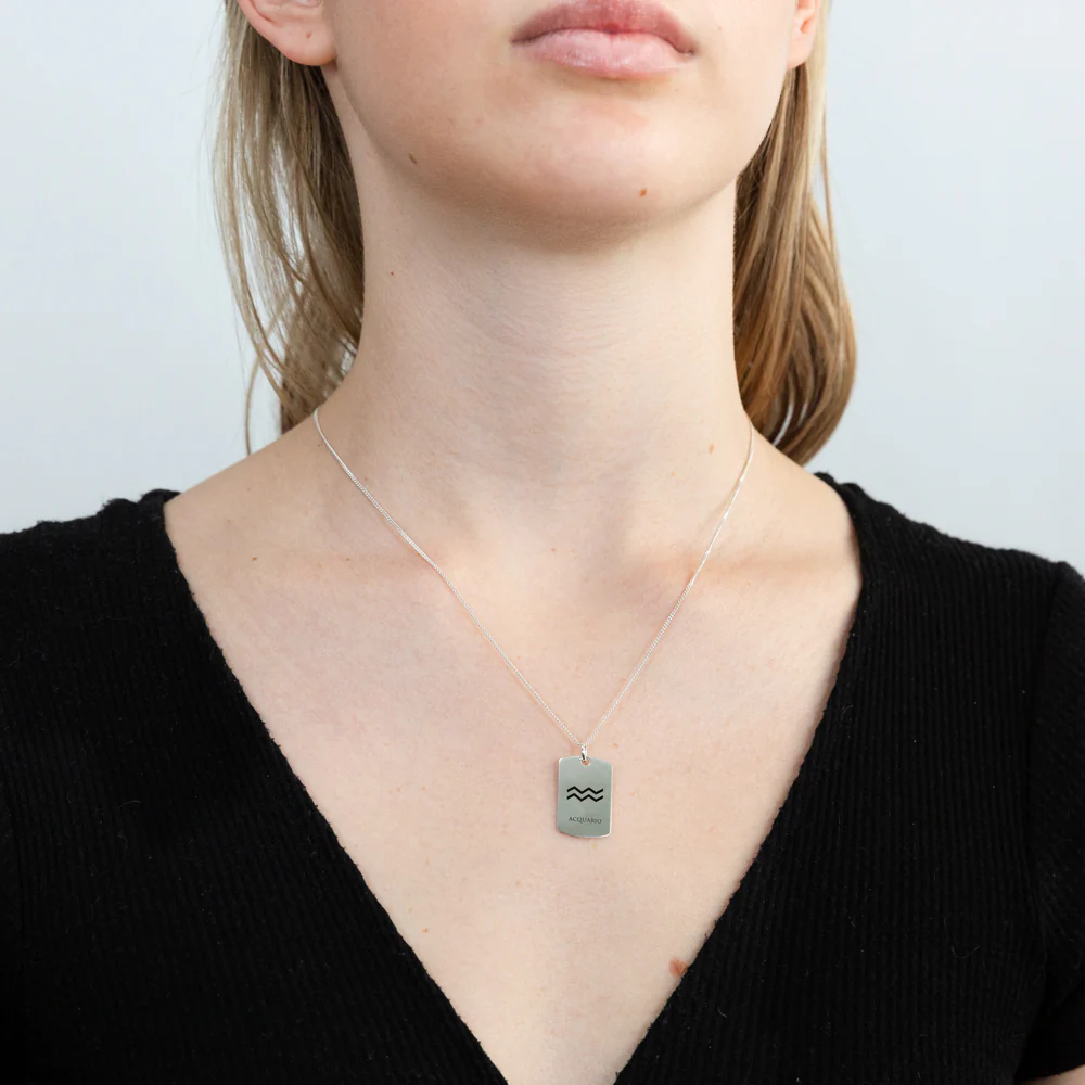 Sterling Silver Dog Tag With Aquarius Zodiac/Star Sign Pendant - Image 2