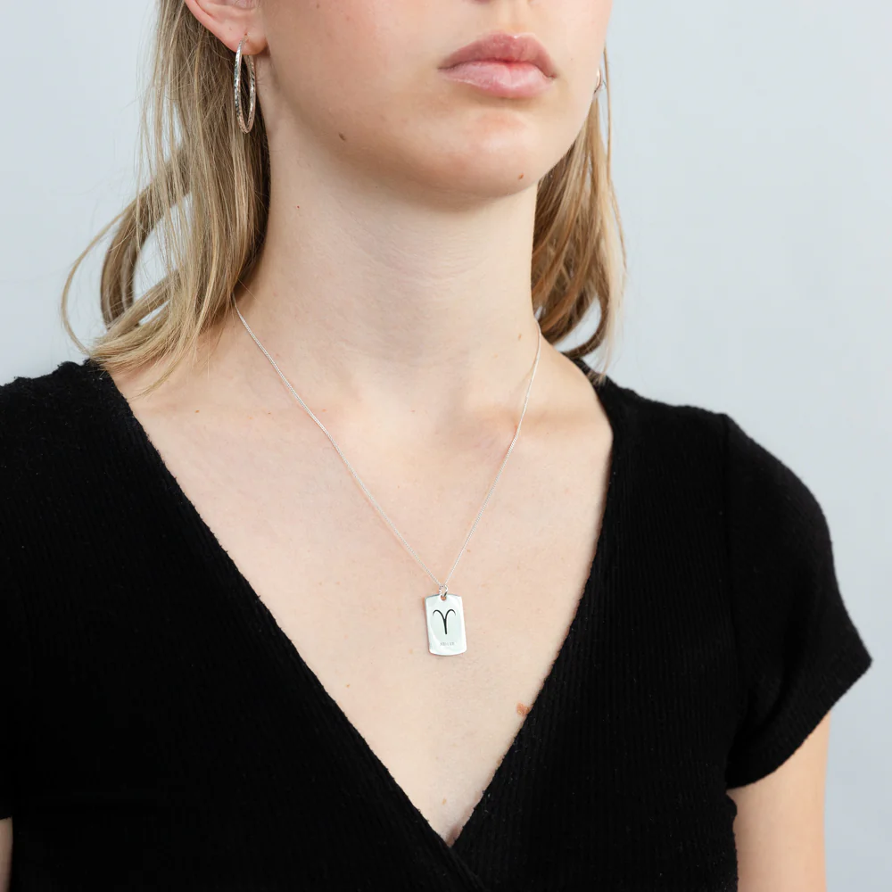 Sterling Silver Dog Tag With Aries Zodiac/Star Sign Pendant - Image 3