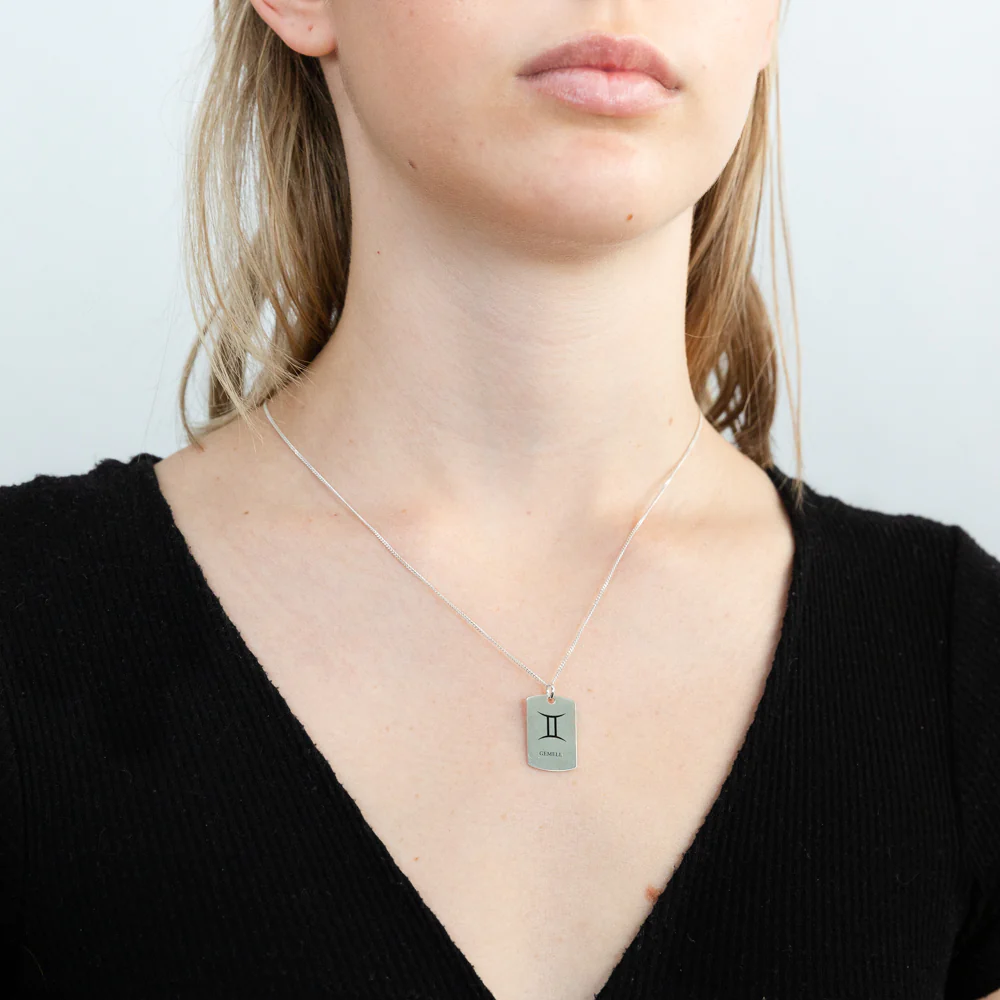 Sterling Silver Dog Tag With Gemini Zodiac/Star Sign Pendant - Image 2