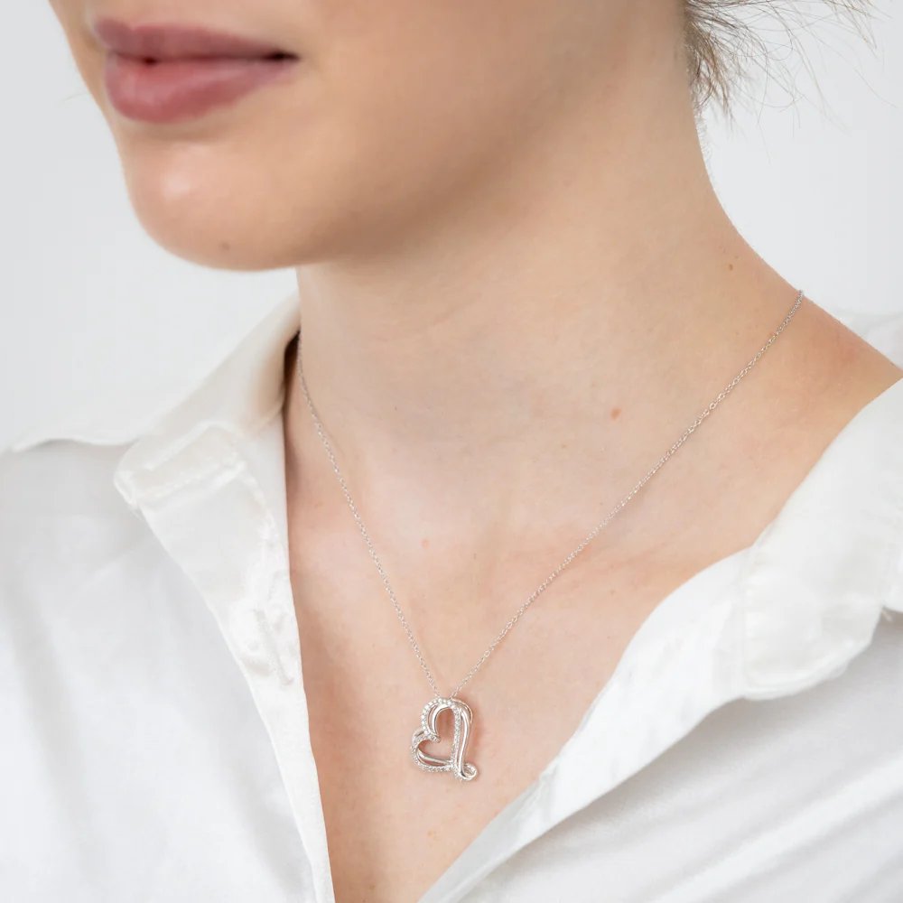 Sterling Silver Double Heart Diamond Pendant with 47 Round Brilliant Cut Diamonds on 45cm Chain - Image 2