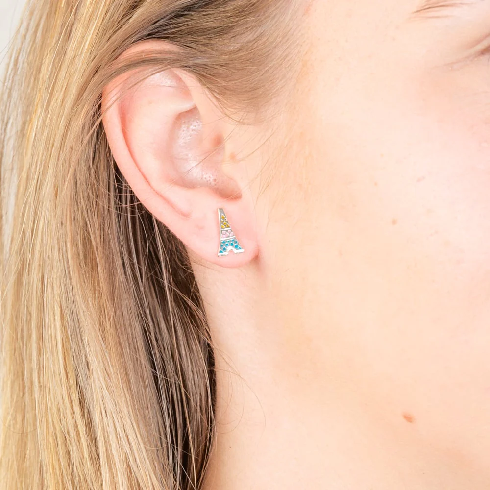 Sterling Silver Enamel Pink & Blue Tower Stud Earrings - Image 2