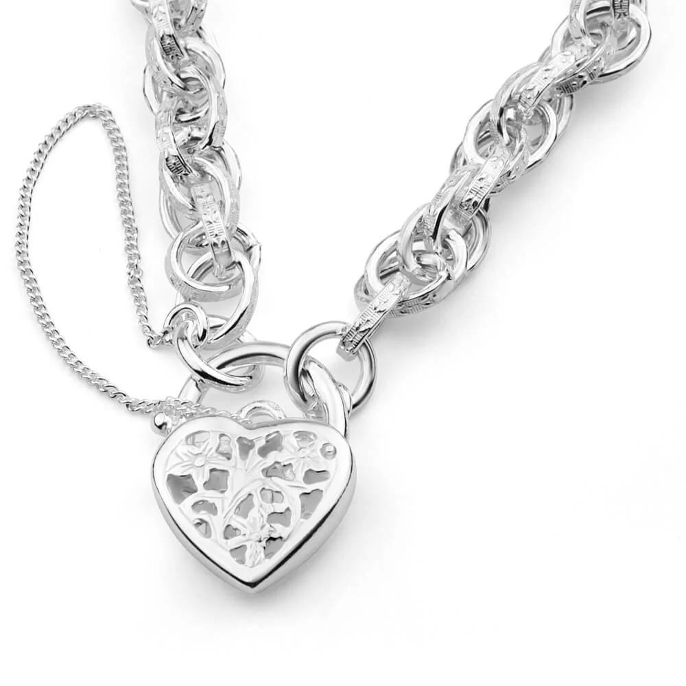 Sterling Silver Fancy Engraved Link Filigree Heart Bracelet - Image 2