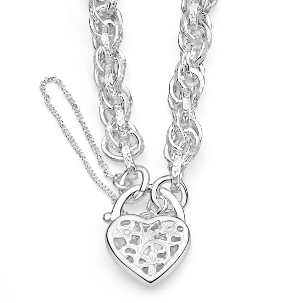 Sterling Silver Fancy Engraved Link Filigree Heart Bracelet - Image 3