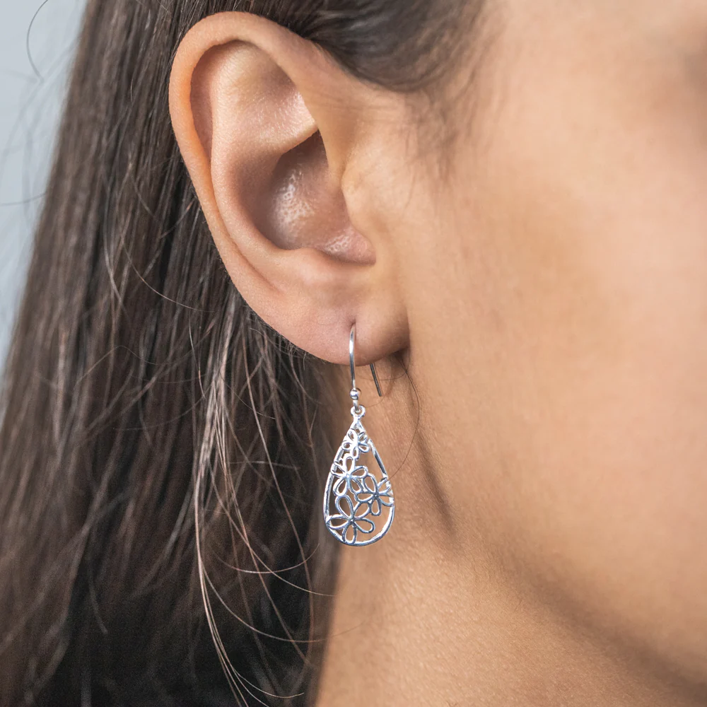 Sterling Silver Fancy Flower Drop Earrings - Image 2