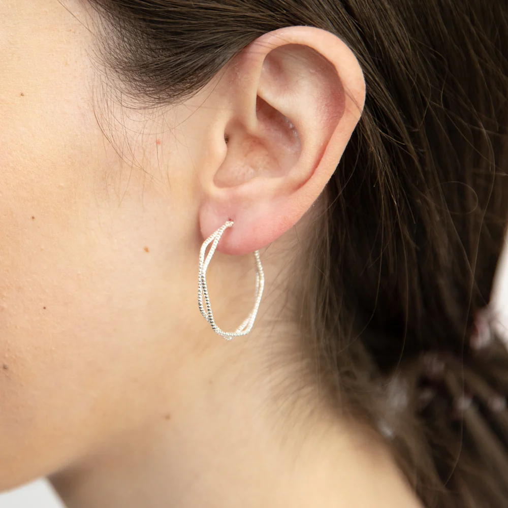 Sterling Silver Fancy Twin Hexagonal Hoops Earrings - Image 2