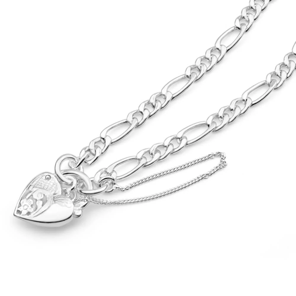 Sterling Silver Figaro 1:3 Heart Padlock Bracelet - Image 2