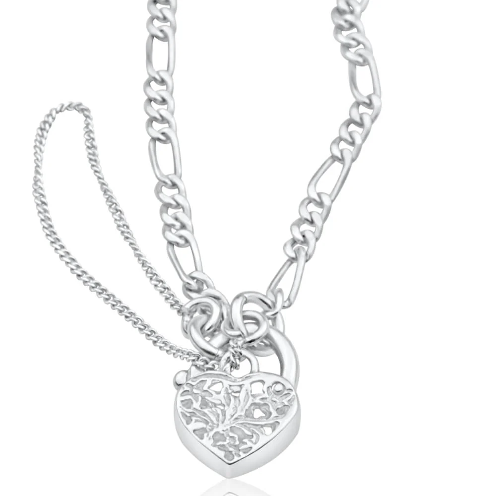 Sterling Silver Figaro 1:3 Heart Padlock Bracelet - Image 2