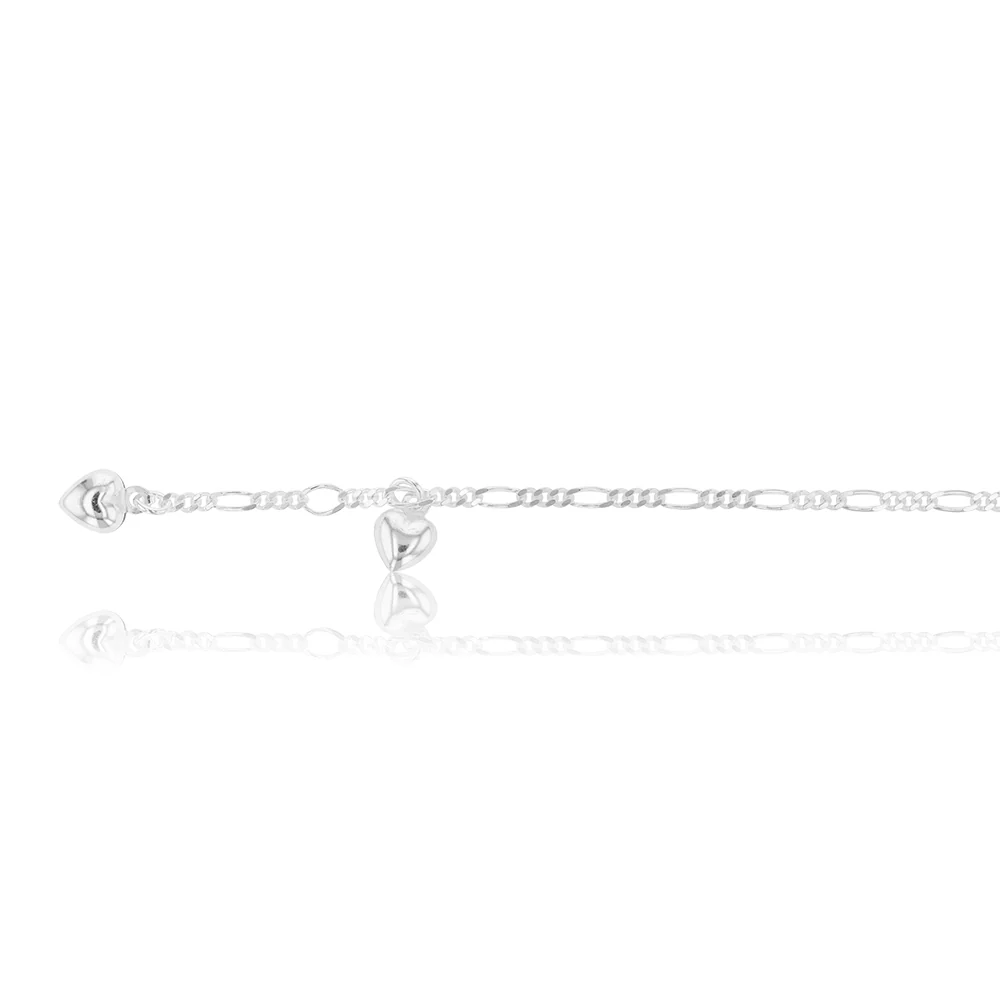 Sterling Silver Figaro 1:3 Hearts Anklet - Image 2