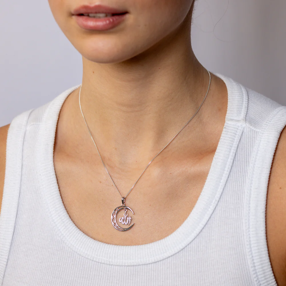 Sterling Silver Filigree Crescent Moon with CZ Allah Pendant - Image 2