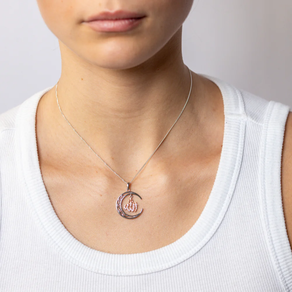 Sterling Silver Filigree Crescent Moon with Rose Gold Plated CZ Allah Pendant - Image 2