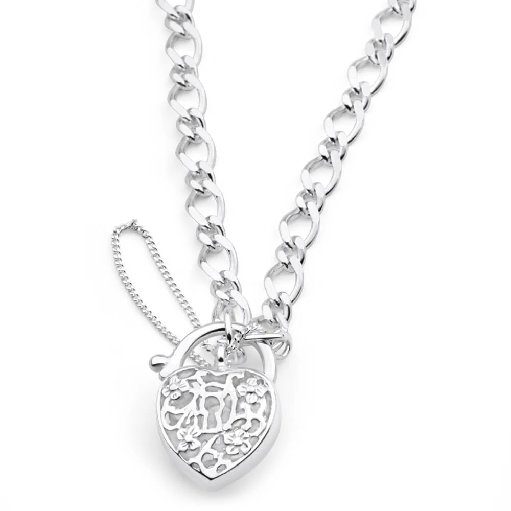 Sterling Silver Filigree Heart Figaro Padlock Bracelet - Image 2