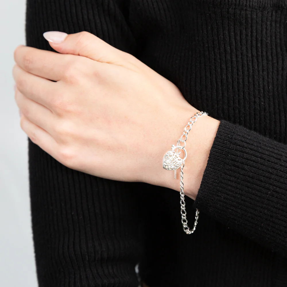 Sterling Silver Filigree Heart Figaro Padlock Bracelet - Image 3
