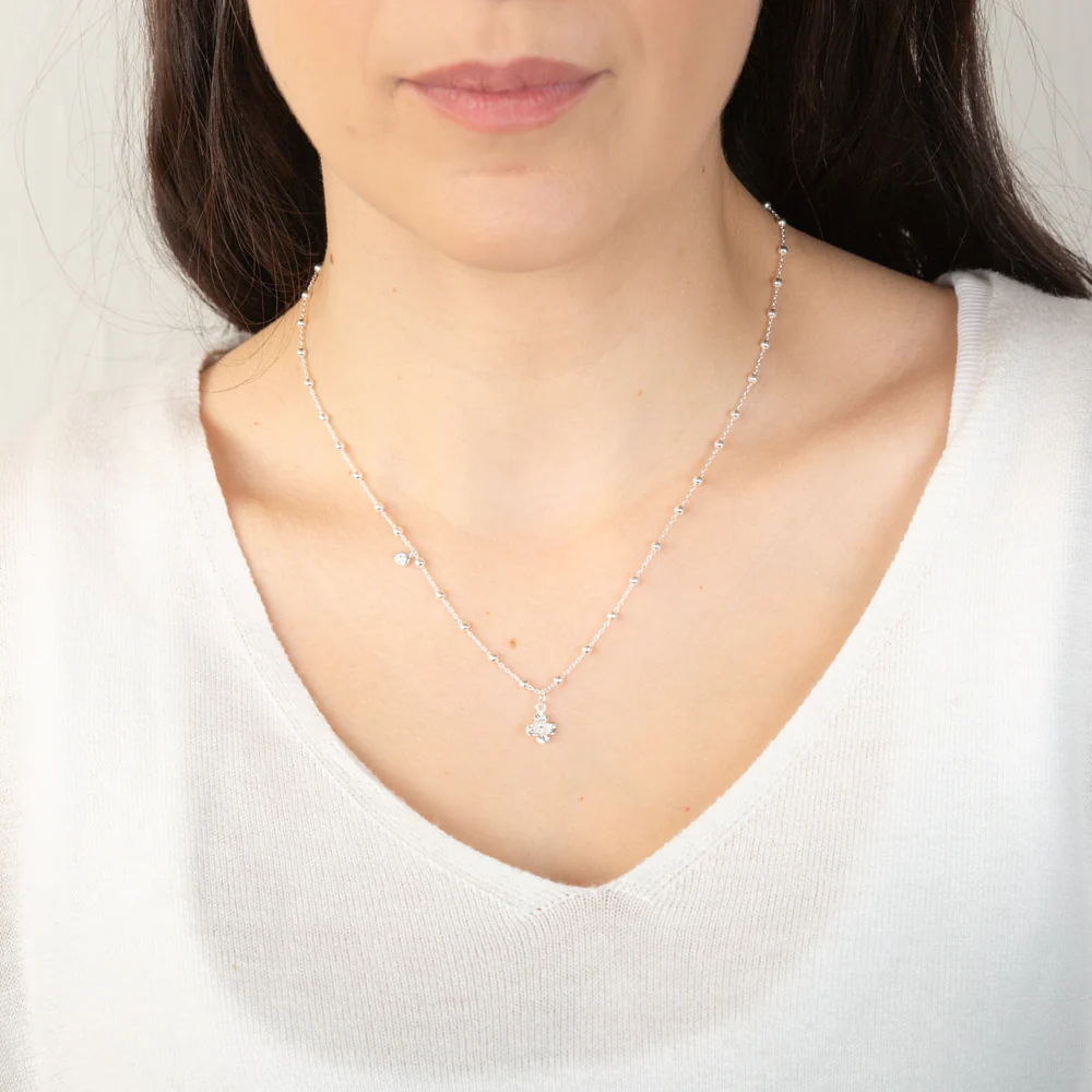 Sterling Silver Flower And Cubic Zirconia Charms On 45cm Balls Chain - Image 3