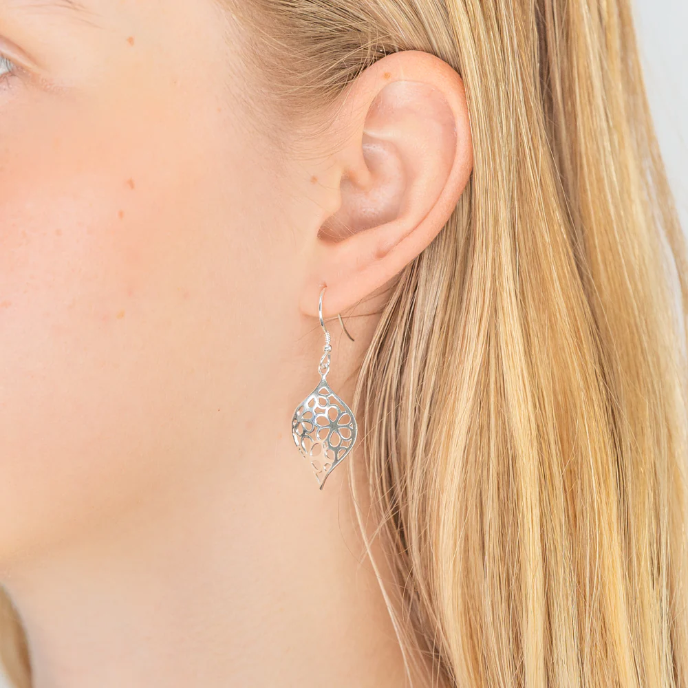Sterling Silver Flower Cut Out Patterned Drop Earrings - Image 2