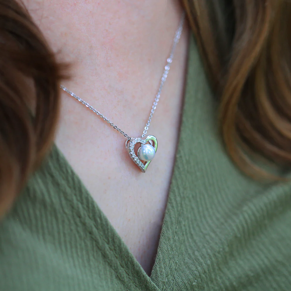Sterling Silver Freshwater Pearl and Cubic Zirconia Heart Pendant - Image 3