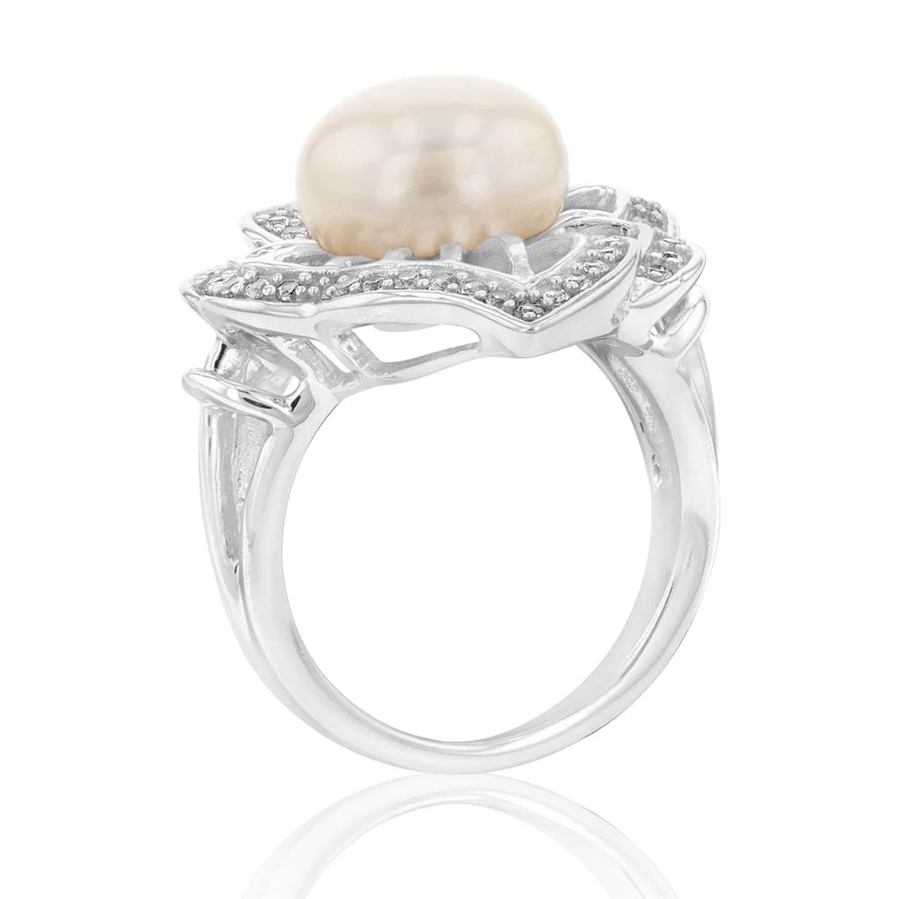 Sterling Silver Freshwater Pearl and White Zircon Fancy Ring - Image 2