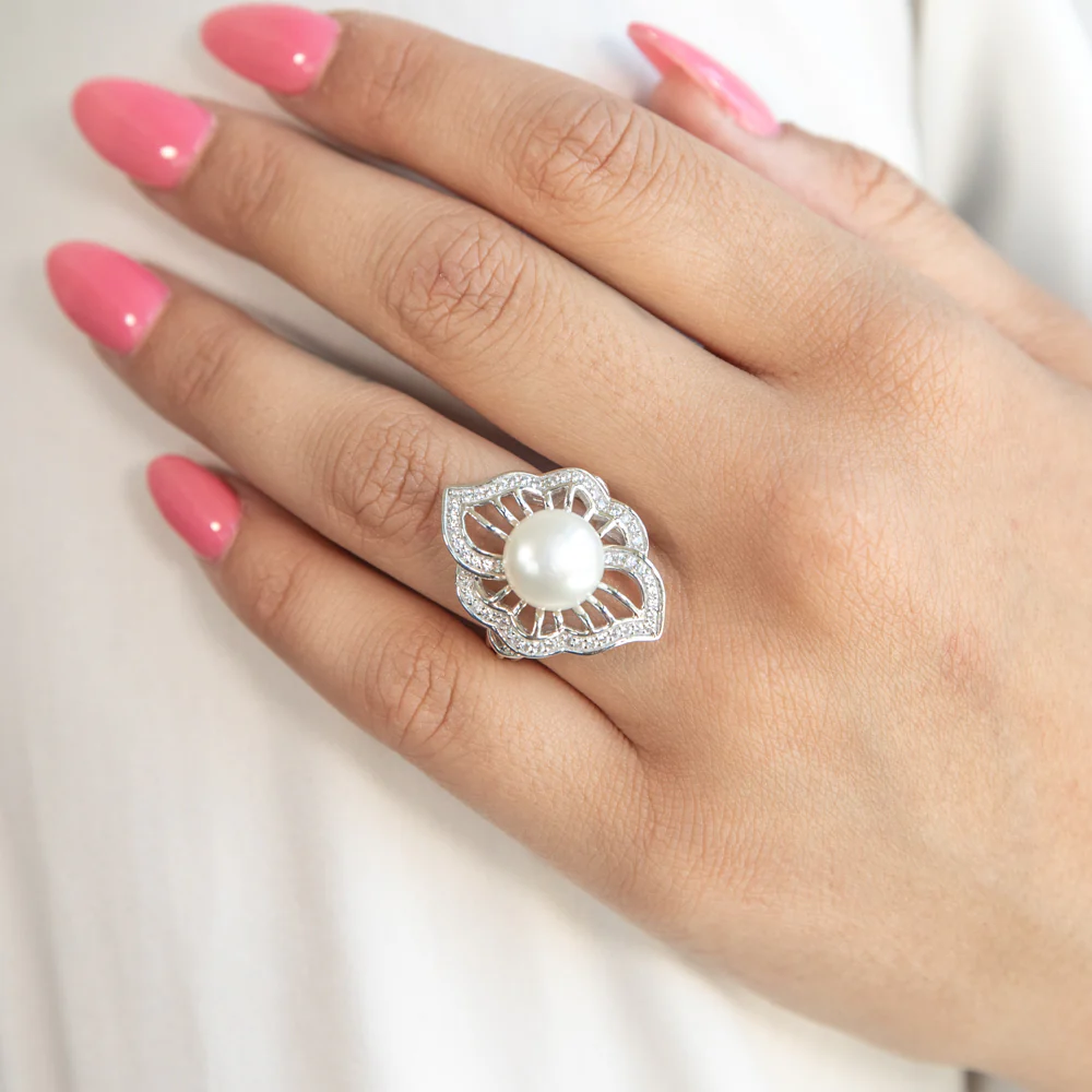 Sterling Silver Freshwater Pearl and White Zircon Fancy Ring - Image 4