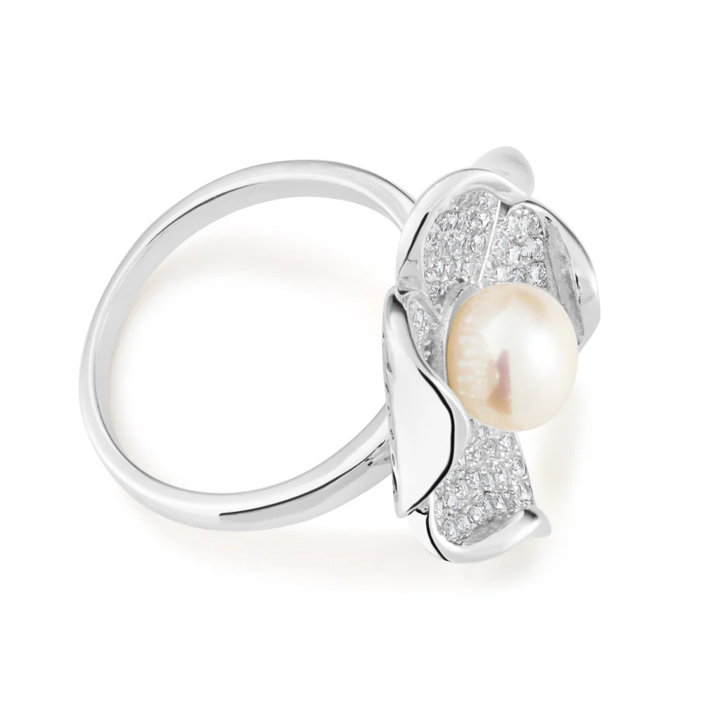 Sterling Silver Freshwater Pearl and Zirconia Flower Ring - Image 2