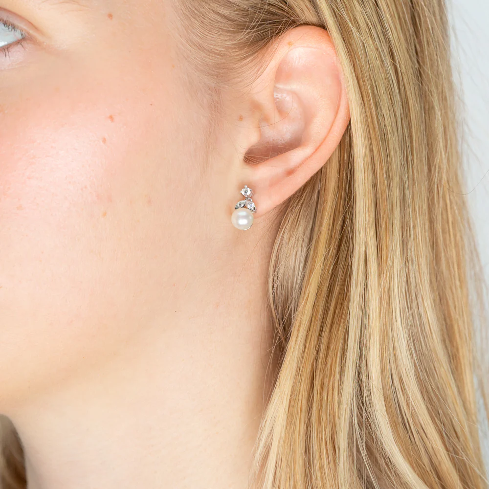 Sterling Silver Freshwater Pearl and Zirconia Stud Earrings - Image 2