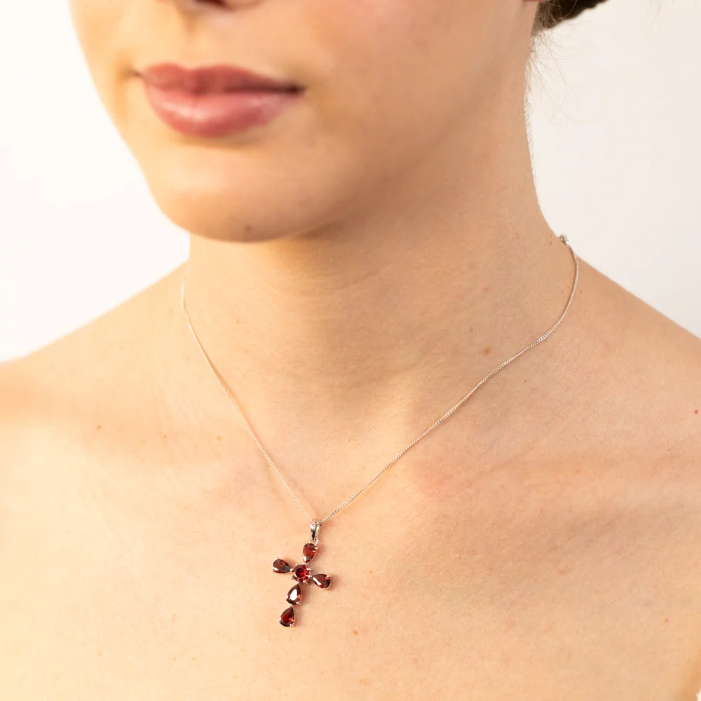 Sterling Silver Garnet Coloured Zirconia Cross Pendant - Image 2