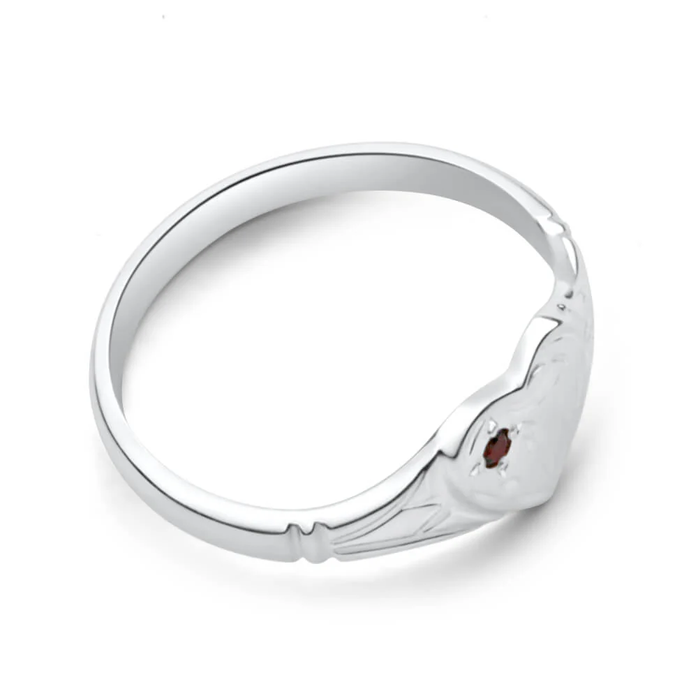 Sterling Silver Garnet Heart Signet Ring Size L - Image 2