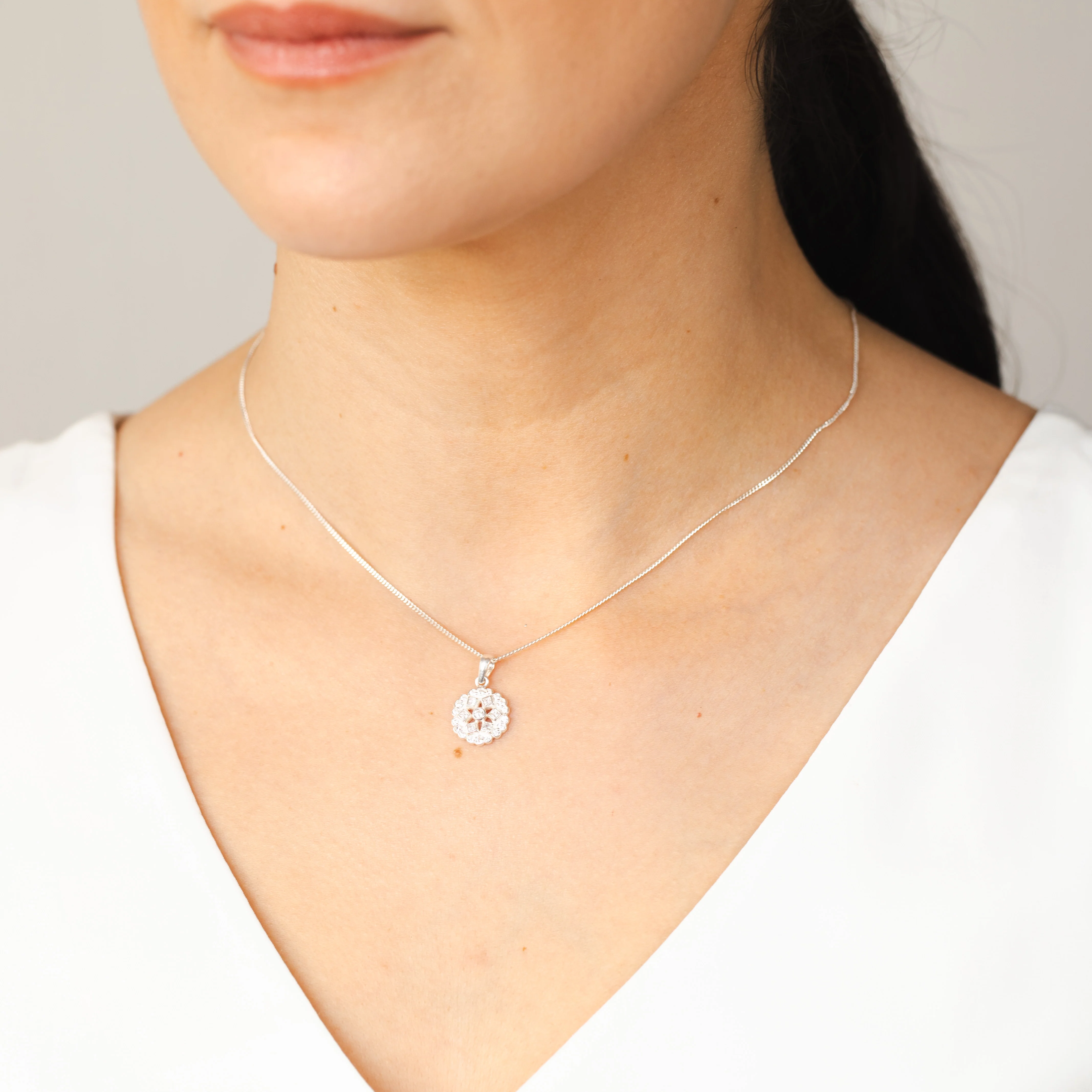 Sterling Silver Geometric Flower Cubic Zirconia Pendant - Image 2