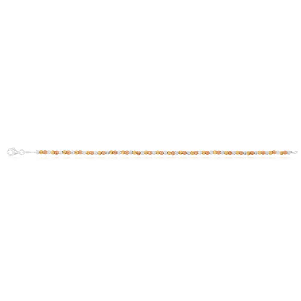 Sterling Silver Gold and Rose Gold Plated Three Tone 19cm Diamond Cut Ball Bracelet - Image 2