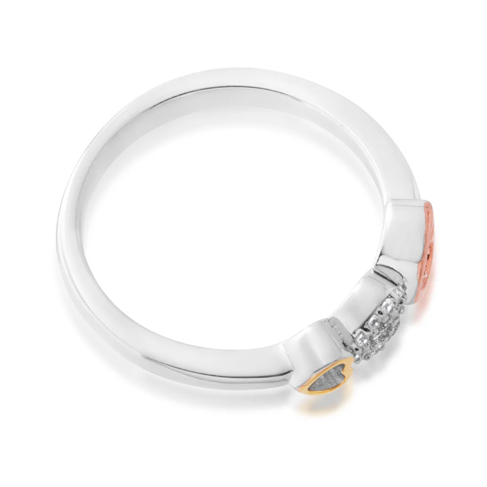 Sterling Silver Gold and Rose Plated Zirconia 3 Heart 3 Tone Ring - Image 2