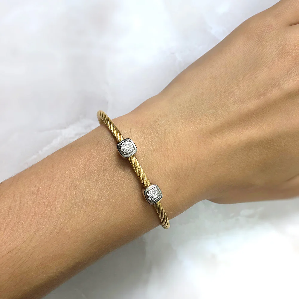 Sterling Silver Gold Plated 10 Points Diamond 3mm Cable Bangle - Image 2