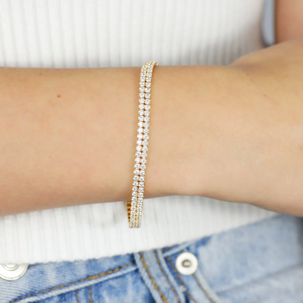 Sterling Silver Gold Plated 2mm Cubic Zirconia Double Row 16+3cm Tennis Bracelet - Image 4