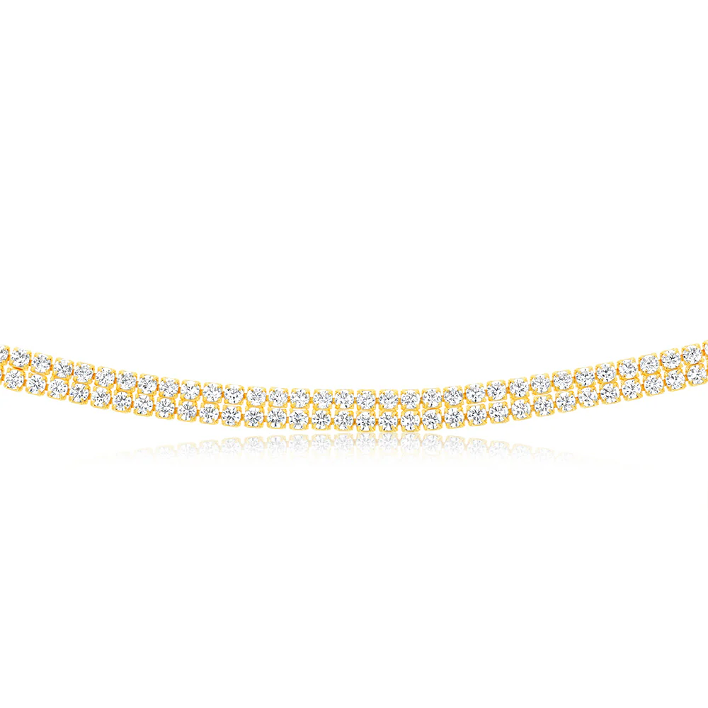 Sterling Silver Gold Plated 2mm Cubic Zirconia Two Row 40+5cm Tennis Chain - Image 2