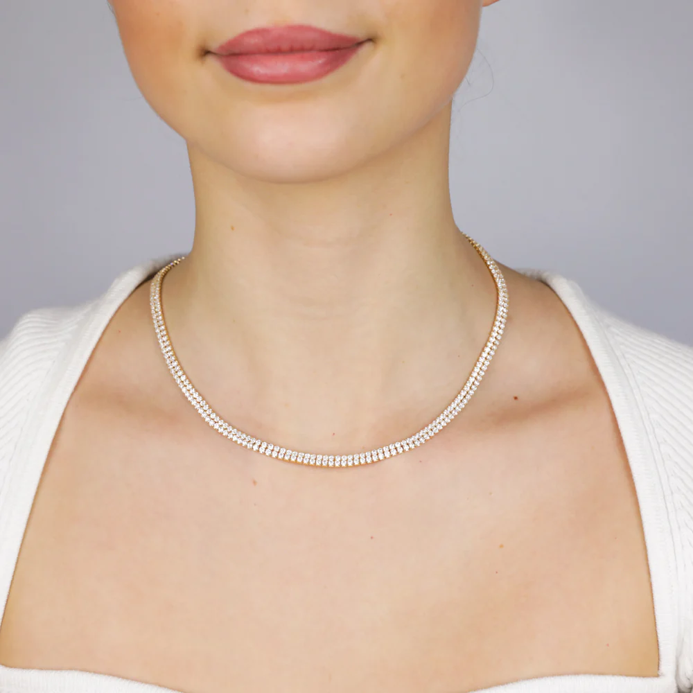 Sterling Silver Gold Plated 2mm Cubic Zirconia Two Row 40+5cm Tennis Chain - Image 3
